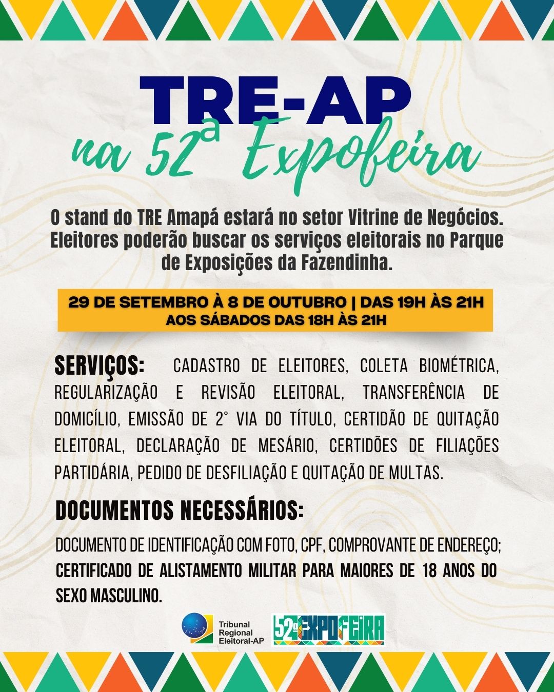 TRE Amapá estará na 52ª Expofeira com atendimentos aos eleitores — Tribunal  Regional Eleitoral do Amapá